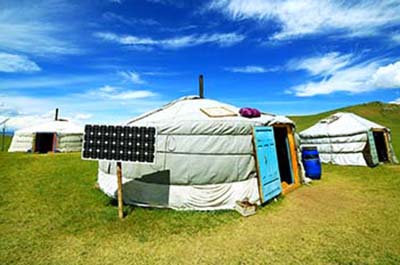 Tent village in Mongolia with solar panel