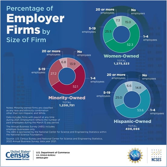 Infographic noting percentage of employer firms by size of firm from US census