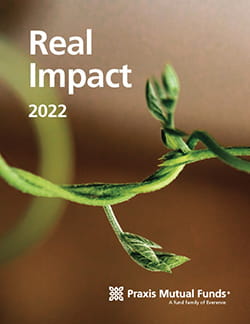 2022 Real Impact Report cover page with image of a green twisted vine on a light brown background