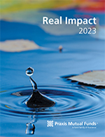 Real Impact written on image of water droplet in blue water with colorful leaves on top of the water