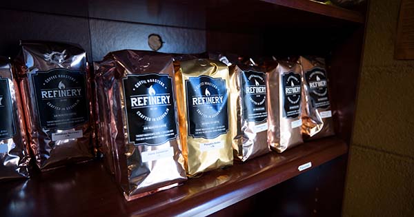 Bags of coffee on a shelf